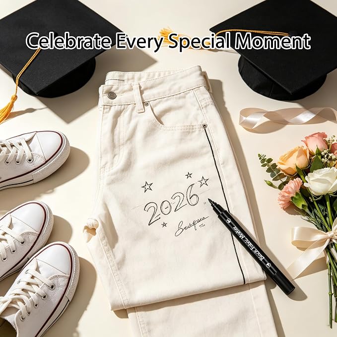 3PCS White & 2PCS Black Fabric Markers, Dual-Tip Fabric Permanent Markers for Clothes, Wash-Resistant Fabric Paint Pens for T-Shirts, Jeans, Canvas Shoes, Bags & Hats