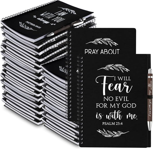 Kosiz 100 Pcs/ 50 Set Christian Gift Bulk A5 Spiral Notebook 5.5"x8.3" Christian Prayer Journal Bible Ballpoint Pen Religious Gift for Women Sunday School Church Member Back to School Gifts (Black)