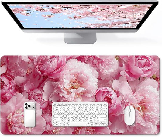 Desk Mat, 31.5 x 15.7 in, Pink Peony Floral PU Leather | Keyboard and Mouse Pad, Non-Slip Base, Waterproof, Easy Clean, Office Gaming Computer Protector