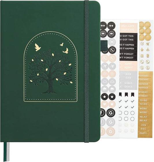 &And Per Se Dotted Journal Notebook, A5 Hardcover Aesthetic Dotted Notebook – 160 Pages 100gsm Thick Dot Grid Paper, 3 Sticker Sheets – Gift-Ready Journaling Kit for Women (Dark Green)
