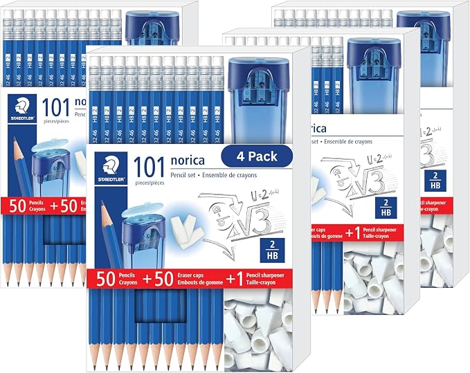 STAEDTLER Norica Pencil Set 4 Pack (4 sets of 101 pcs) - 50 Pre-sharpened #2 HB Pencils with 50 Eraser Caps & Double-Hole Sharpener, Break-Resistant Lead, School Pack | 50 Pre-sharpened #2 HB Pencils, 50 Eraser Caps & Double-Hole Sharpener, Break-Resis...