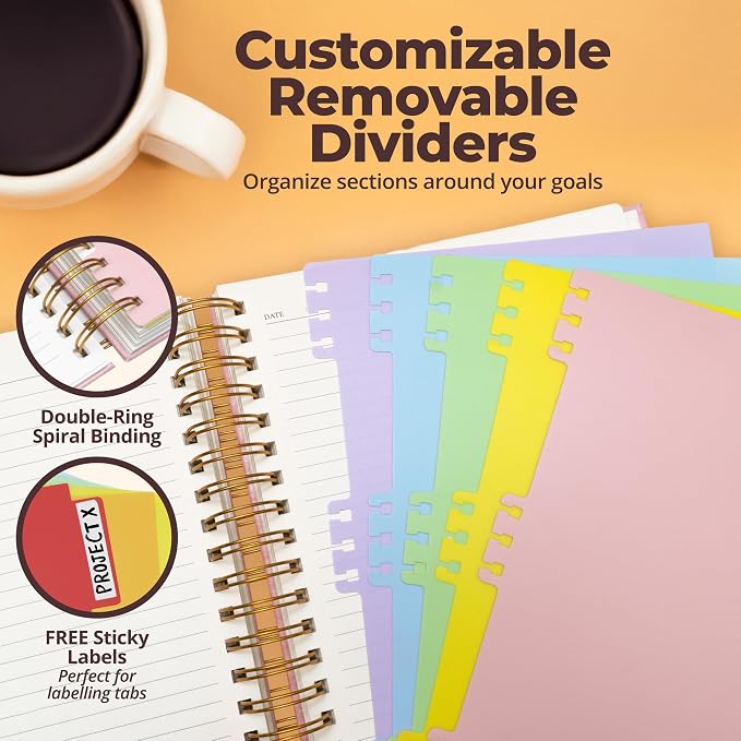 Hardcover Leather Lined Spiral Notebook 8x10" with Removable Dividers - Pink - 300 Pages 5 Subject College Ruled Notebook for Work with Tabs, Pockets, and Pen Loop for Note Taking, Large Journal