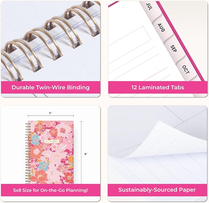 Blue Sky 2025-2026 Weekly & Monthly Academic Planner, 5"x8", Bloom Pink | July 2025 - June 2026, Flexible Cover, Wirebound, Laminated Tabs, Storage Pocket, Academic Year, Color Me Courtney