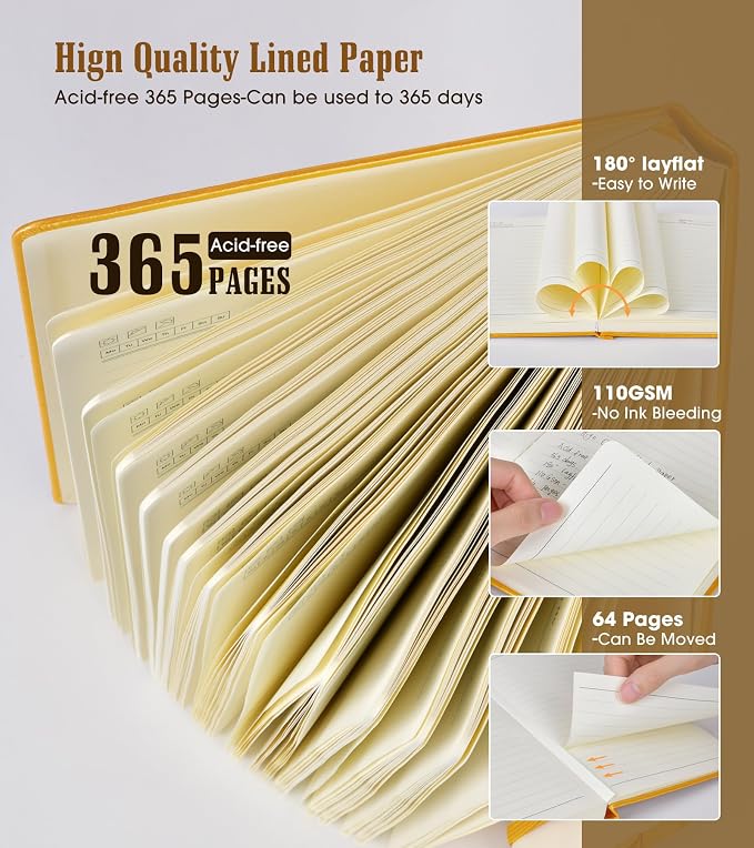 Lined Journal Notebook -365 Pages A5 Thick Journals for Writing College Ruled Notebook, Hardcover Leather Journal for Women Men, Daily Journal Notebook for Work, Note Taking, 100Gsm Lined Paper ( 5.75'' X 8.38'' Yellow)