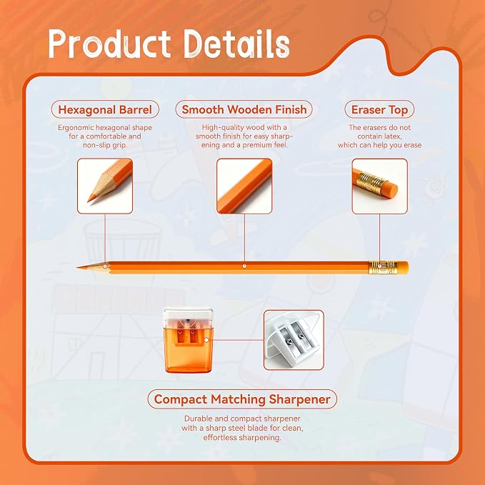 12 Pcs Orange Pencils with Eraser for Kids HB Erasable Pencils Pre-Sharpened Professional Wooden Pencils Set, Ideal for School Writing, Drawing, Sketching, Coloring and Creative Projects(Orange)