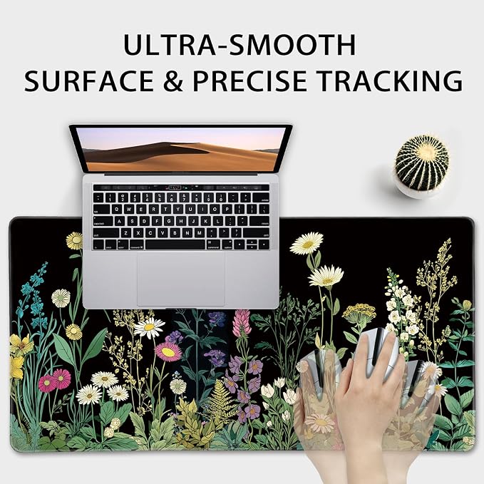 Wildflower Black Large Gaming Mouse Pad 31.5"x15.7"｜ XXL Desk Mat, Non-Slip Rubber Base & Stitched Edges - Extended Waterproof Mousepad for PC/Laptop/Office/Home Decor