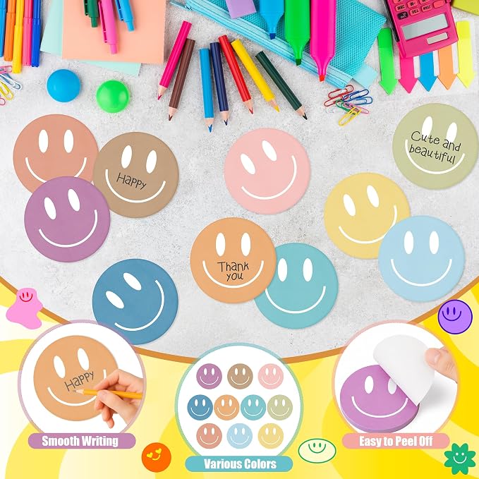 AgincBerry Boho Smile Face Sticky Notes - 30PCS Back to School Colorful Preppy Self-Stick Notes Mini Happy Smile Face Memo Pad Creative Shaped Notepad Writing Sticky Note Office Home Gift Tab Supplies
