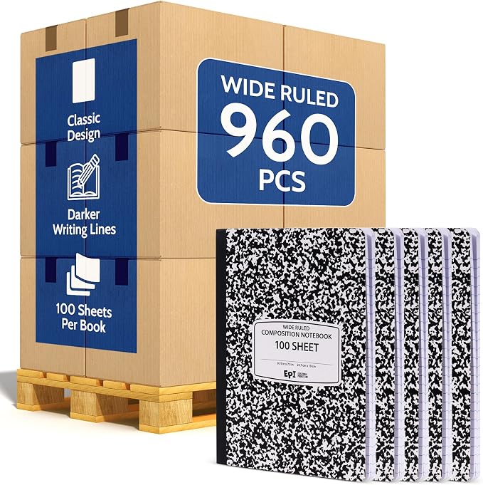 960 Pack (Pallet) EPI Wide Ruled Composition Notebook Bulk, 200 pages (100 Sheets), 9-3/4 x 7-1/2, Black Marble, Bulk School Supplies, Heavy Duty, Durable Office Notebooks, Sturdy Sewn Binding