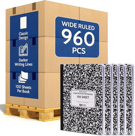 960 Pack (Pallet) EPI Wide Ruled Composition Notebook Bulk, 200 pages (100 Sheets), 9-3/4 x 7-1/2, Black Marble, Bulk School Supplies, Heavy Duty, Durable Office Notebooks, Sturdy Sewn Binding