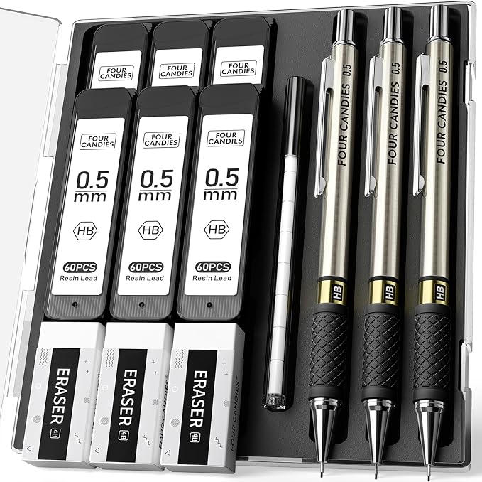 Metal Mechanical Pencil Set, 0.5mm Fine Point, 3-Pack with Storage Case | 360 Leads, 3 Erasers+9 Refills, Non-Slip Grips, For School Writing, Sketching, Art Drawing & Professional Drafting