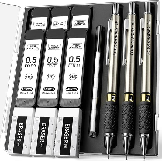 Metal Mechanical Pencil Set, 0.5mm Fine Point, 3-Pack with Storage Case | 360 Leads, 3 Erasers+9 Refills, Non-Slip Grips, For School Writing, Sketching, Art Drawing & Professional Drafting