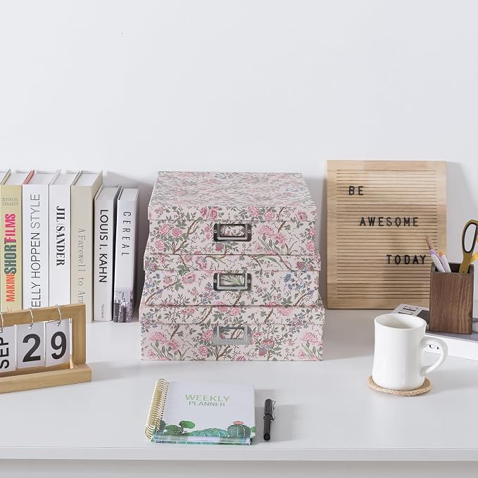 Soul & Lane - Nesting Floral Photo Storage Boxes with Lids, Set of 3 | Large Decorative Cardboard Memory Box Set for Keepsakes, Documents and Scrapbook Paper, Pretty Letter Organizers for Decor