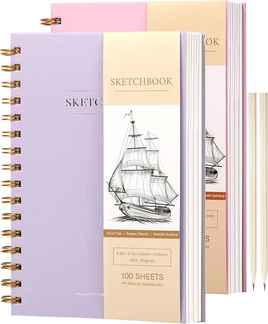 Yoment 2 Pack 5.5" x 8.5" Sketchbook for Drawing Small Spiral Bound Sketch Pad for Kids Hardcover Sketch Book(68lb/100gsm) Artist Drawing Blank Notebook for Painting with Pencil, Pink&Purple