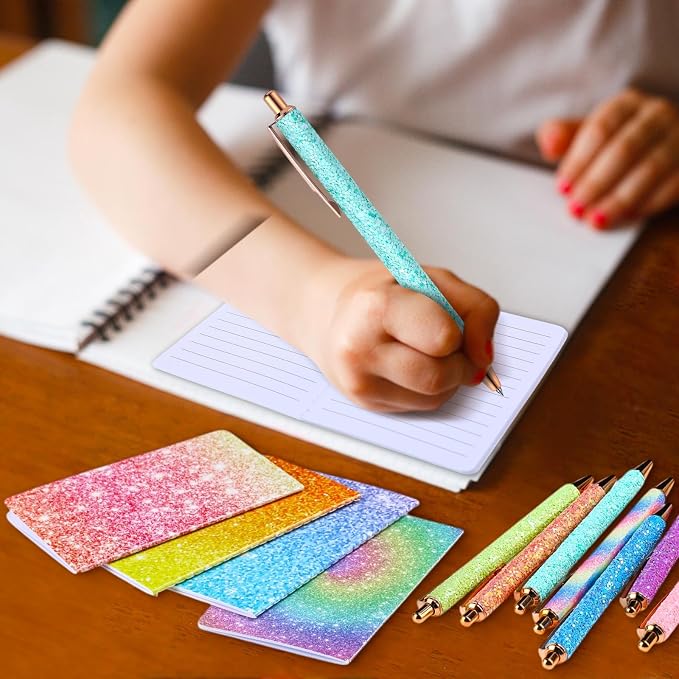 Sayglossy 16 Pack Glitter Pens and Notepads Set 8 Mini Glitter Pocket Notebooks 8 Fancy Sparkly Ballpoint Pens Stationery Gifts for Women Teacher Journaling School Office Supplies(Rainbow Color)