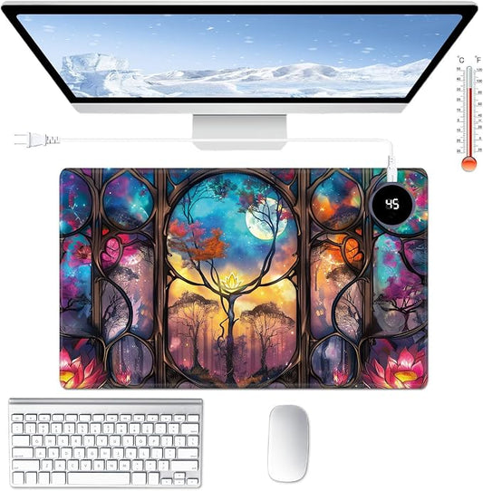 Heated Desk Pad Large Mouse Pad 23.6 x 14.1 inch with 3 Levels Heating & Auto Shut-Off Warm Mouse pad PU Leather Computer Mousepad for Home Office Work - Galaxy Tree Moon