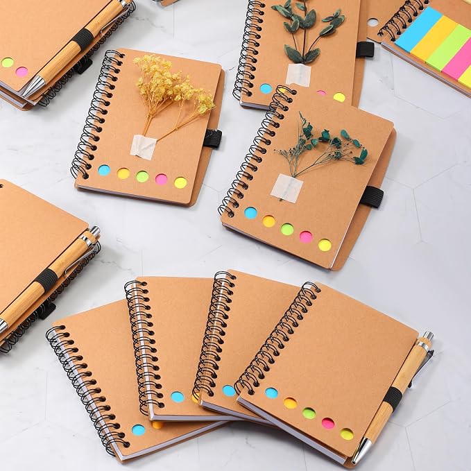 Chuangdi 30 Sets Lined Spiral Notebooks with Sticky Notes and Bamboo Pens, Back-to-school Supplies for Office Teacher Staff, Kraft Notebook with Pen Set Bulk for Employee