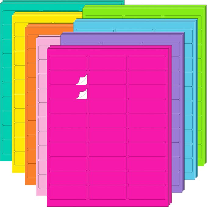 YSHIHE 1" x 2-5/8" Colored Labels Stickers 8 Colors Bright Moving Labels 24 Sheets,720 Labels for Laser/Inkjet Printer, Permanent Adhesive