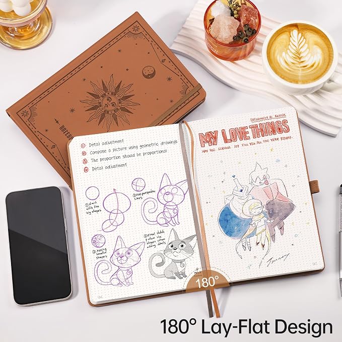 EMSHOI Dotted Journal Notebook, 192 Pages, A5 Size (5.7'' x 8.3'') | Leather Hardcover, 100 GSM Thick Paper, for Journaling, Planning, Tracking & Sketching, Sun Debossed (Brown)