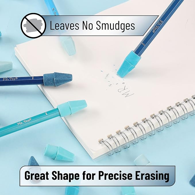 Mr. Pen- Pencil Top Erasers, 120 Pack, Blue Shades, Latex-Free | No-Smudge Cap Pencil Erasers for Precise Erasing, Kids, Teachers, Studying Supplies