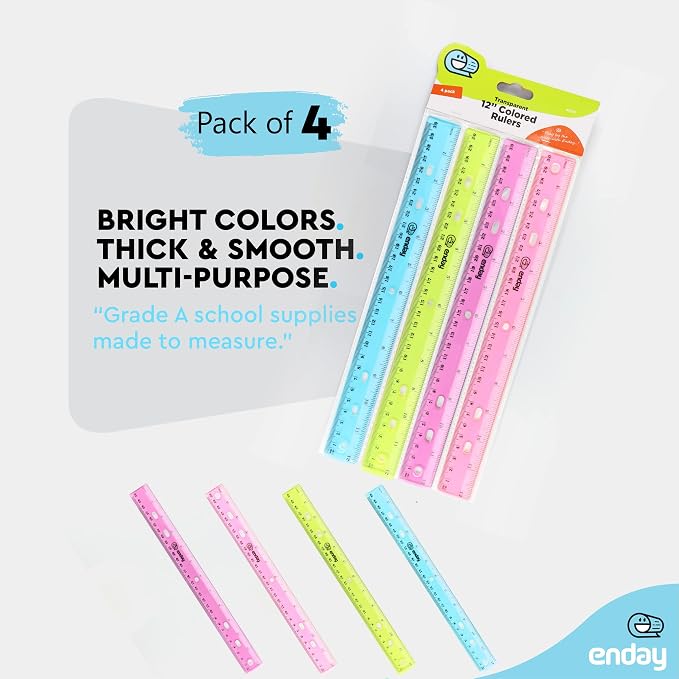 Ruler 12 Inch/ 30 CM Jeweltone, Inches and Centimeters Plastic Straight Edge Rulers School Supplies, Standard Ruler for Artists Kids and Adults, Purple, Pink, Green, and Blue, 4 Pack – By Enday