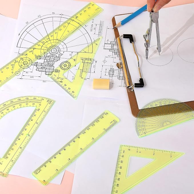 Zonon 7‑Piece Geometry Set with Drawing Compass, 6 & 4 Inch Protractors, Triangle Rulers and Straight Rulers, Transparent Math Drafting Supplies for Back to School, Students and Office Use(Yellow)