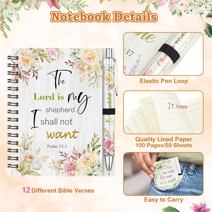 36 Pcs Christian Bulk Gifts for Women: Floral Small Journal Religious Gift | 12 Bible Verse Spiral Notebooks, 12 Scripture Pens, 12 Magnetic Bookmarks, Prayer Journal for Coworkers Teachers Students Men