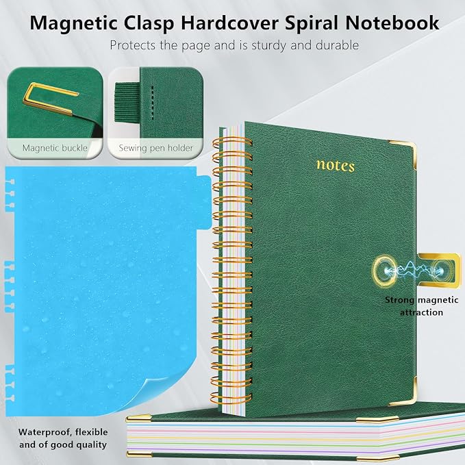 Hardcover Spiral Notebook College Ruled, 8"x10" Leather Journal Notebook with Magnetic Closure, 300 Pages 5 Subject Notebook with Dividers Tabs Journal for Women Men, Work, School(Green)