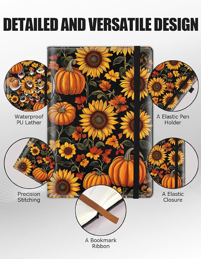 Hardcover Executive Notebooks, A5 PU Leather Lined Journal Notebook, 200 Pages Thick Paper Subject Notebooks for School,Work,Home Writing Business Notebook, Diary Book ，Pumpkin Sunflower