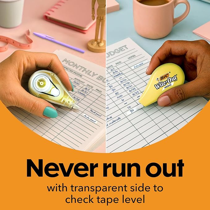 BIC Wite-Out Brand Mini Correction Tape, 19.6 Feet, 6-Count Pack of White Correction Tape, Pastel Body, Fast, Clean and Easy to Use Tear-Resistant Tape