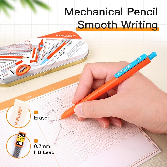 YPLUS Geometry Set, Protractor and Compass Set for Students, 12Pcs | Compass Drawing Tool with Metal Case, Rulers, Protractor, Mechanical Pen, Back to School Supplies for Students