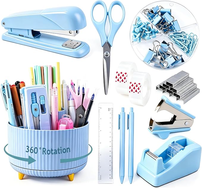 Gawsey Blue Desk Organizers and Accessories with Desk Organizer 360° Rotating Pen Holder and Office Supplies, Cute Stationery Supplies Set