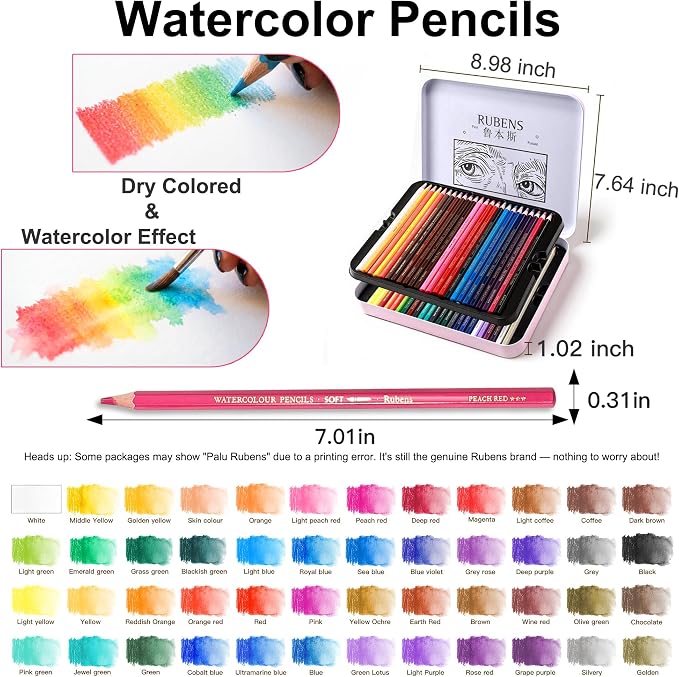 rubens Watercolor Pencils Sets, 48 Counts Soft Core Colored Pencils, Professional Artist Watercolor Pencils, Water Soluble Colors Pencils In A Metal Box for Adult Coloring, Drawing, Sketching