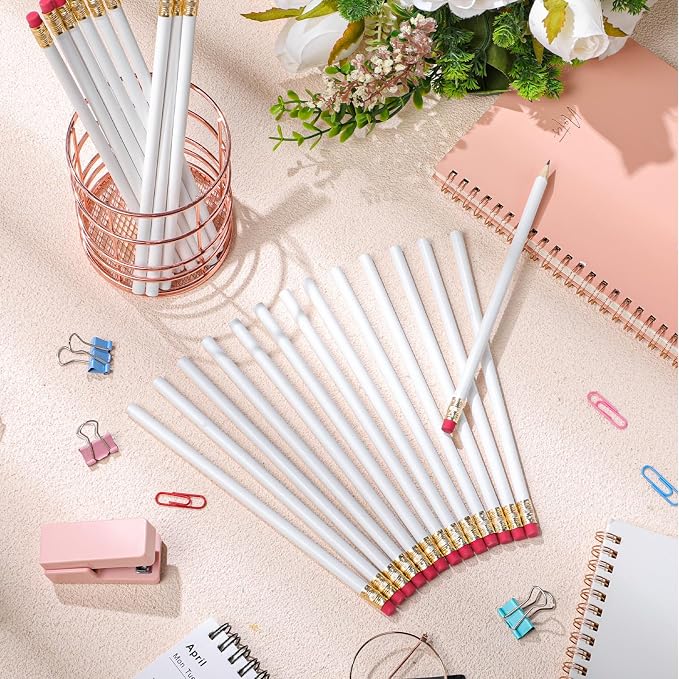 24 Pcs Round Pencils with Eraser 2 HB Cute Pencils Bulk for School Graphite Wood Color Unsharpened Pencil for Drawing Sketching Wedding School Teacher Supplies Student Reward(White)