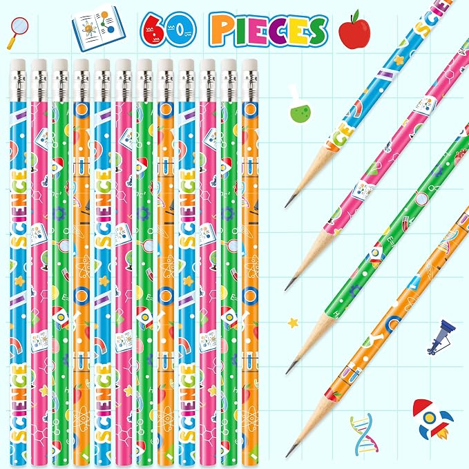 Xqumoi 60Pcs Science Themed Pencils with Eraser - Chemistry Biology Physics #2 HB Pencils, Science Lover Stationery Office Supplies Student Classroom Rewards Goodie Bag Fillers Party Favors