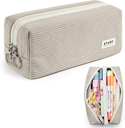 KALIDI Large Pencil Case Corduroy Pencil Pouch Box Cute School Supplies for Teen Girls Boys, Grey