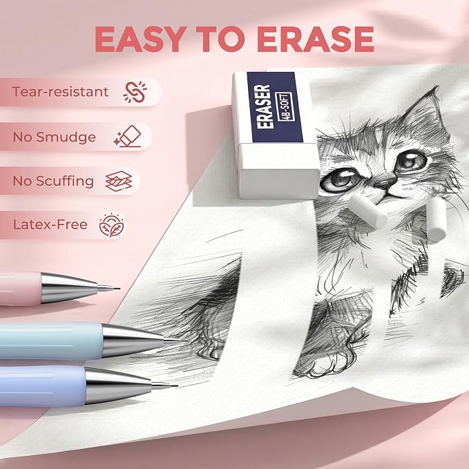 Nicpro 6PCS Cute Mechanical Pencil Set with Case, 0.7 mm Mechanical Pencils with 6 Tube HB Lead Refill, 3PCS Eraser, 9PCS Eraser Refill for School Supplies Student Writing, Drafting Drawing Sketching