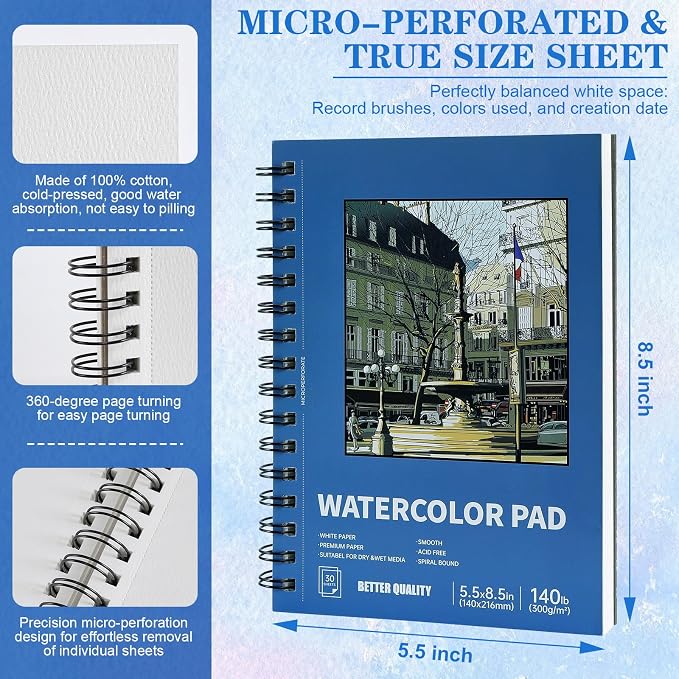 3 Pack 90 Sheet Watercolor Paper Pad 5.5“ x 8.5”, 140lb/300 GSM Cotton Cold Press Spiral Bound Pad Watercolor Sketchbook for Adults, Mixed Media,Markers, Art Painting, Journal