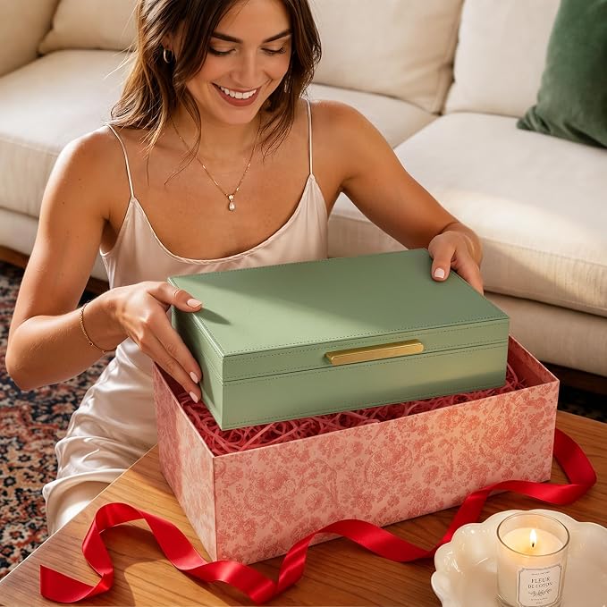 JARLINK Decorative Storage Boxes with Lids, PU Leather Bins, 2 Pack, Sage | Elegant Keepsake & Memory Boxes for Photos, Documents & Remotes, Premium PU Leather Organizers for Bookshelf & Home Decor