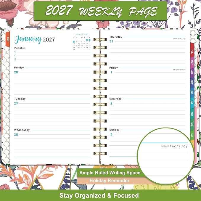 2027 Planner – Weekly ＆ Monthly Planner 2027, Jan. 2027 – Dec. 2027, 6.4" x 8.5" with Tabs, Flexible Hardcover, Thick Paper, Strong Twin-Wire Binding, Back Pocket, Inspirational Quotes ＆ Notes