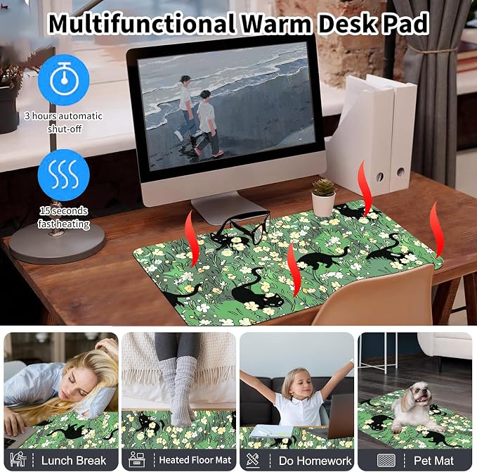 Heated Desk Pad Mouse Pad,Heated Desk Mat,with 3 Heating Levels & 3 Hours Auto Shut-Off,Leather 23.6"*14.2" Gaming Mouse Laptop Mat,Foot Warmer,Cat Floral Green