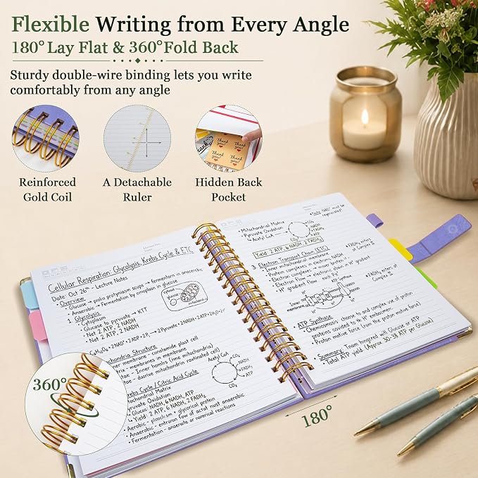 Hardcover Spiral Notebook 8''x 10'' College Ruled Notebook with Magnetic Closure, 300 Pages 5 Subject Notebooks with Pocket Dividers for Work School, B5 Leather Journal for Women, Men (Lilac Purple)