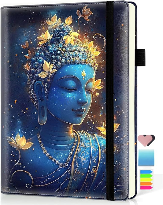 Hardcover Executive Notebooks, A5 PU Leather Lined Journal Notebook, 200 Pages Thick Paper Subject Notebooks for School,Work,Home Writing Business Notebook, Diary Book, Blue Buddha Statue