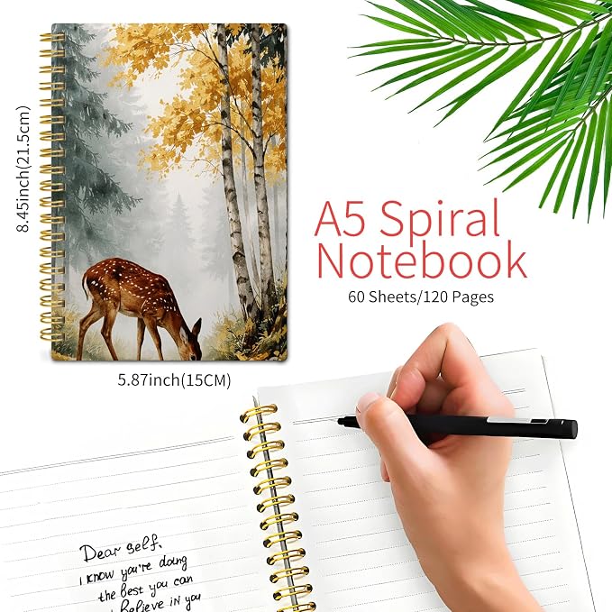 KZYVFNPQ Spiral Journal Notebook for Women Men, A5 Cute Hardcover Lined Notebook with Strong Binding,College Ruled Notebook for Office Work Writing(Autumn Forest Deer Trees Misty Landscape)