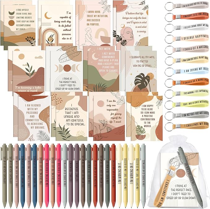 Mooliwe 12 Set Positive Affirmation Gift Set Gratitude Notebooks with Pens Keychains Small Bags Motivational Party Favors for Adult Women Coworkers Employee Group (Abstract)