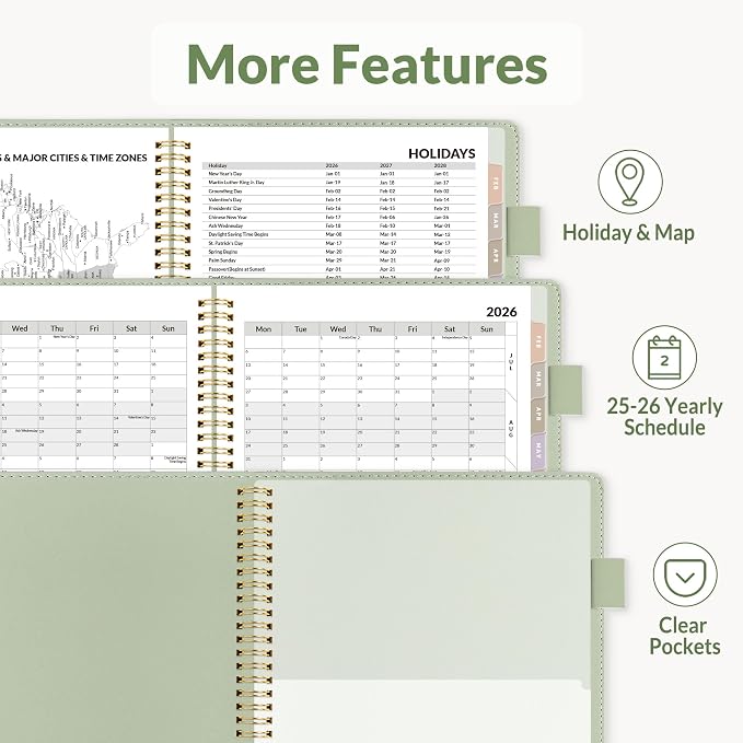SUNEE 2026 Weekly & Monthly Planner 6.2"x8.5"- 12 Month (January 2026 - December 2026), Vegan Leather Cover, Pocket, Bookmark, Notes, Monthly Tab, Sage Green