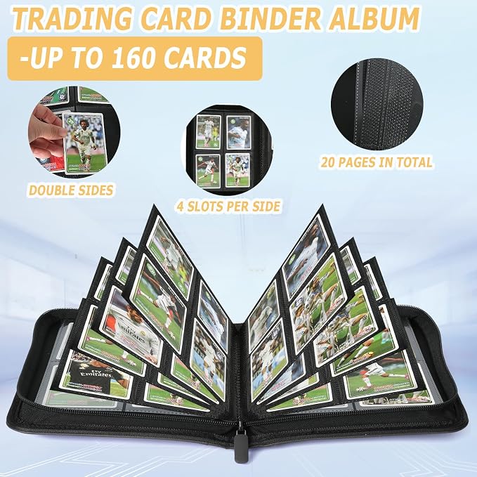 4 Pocket Ringless Side Loading Trading Card Binder, 160 Cards PU Fixed Page Zipper Card Album for TCG Sports Game Cards, Not Fit Top Loaders (Grass Green)