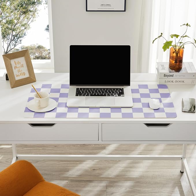 Ohocut Checkered Desk Mat, 31.5" x 15.7" Large Cute Purple Aesthetic Retro Girl Women Accessories, PU Leather Computer Laptop Mat Mouse Keyboard Pad, Desk Writing Makeup Mat for Vanity/Work/Home Decor