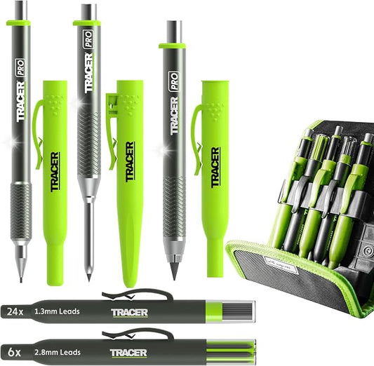 Tracer Pro - 5 Piece Construction Marker Kit with Storage Case - All 3 PRO Aluminum Carpenter's Pencils, Deep Hole Marker, Precision Mechanical Pencil, and 5.2mm Heavy Duty Construction Pencil