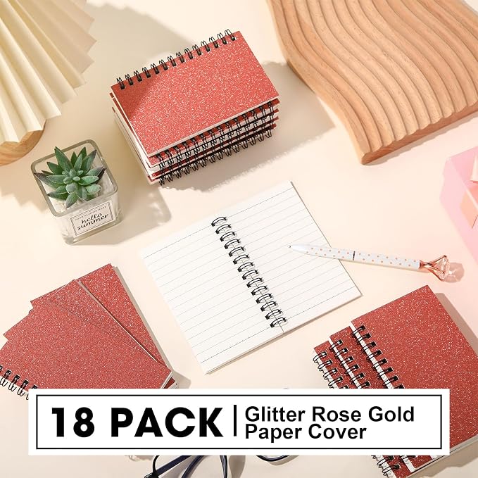 Jutom 18 Pcs Small Spiral Notebooks Memo Pads 3x5 Bulk Small Pocket Notepads Back to School Supplies Mini Notebook with Lined Mini Journals for Office & Work, 120 Pages (Glitter Rose Gold)