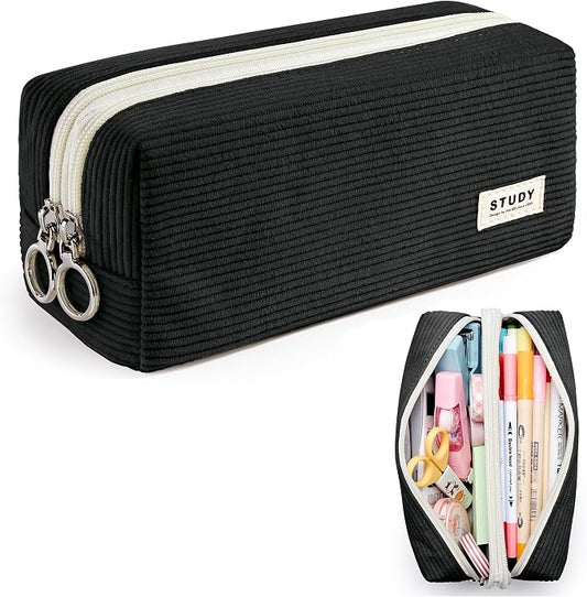 KALIDI Large Pencil Case Corduroy Pencil Pouch Box Cute School Supplies for Teen Girls Boys, Black